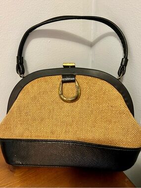 Vintage PB USA Woven Straw & Leather Frame Handbag Clutch Top Handle